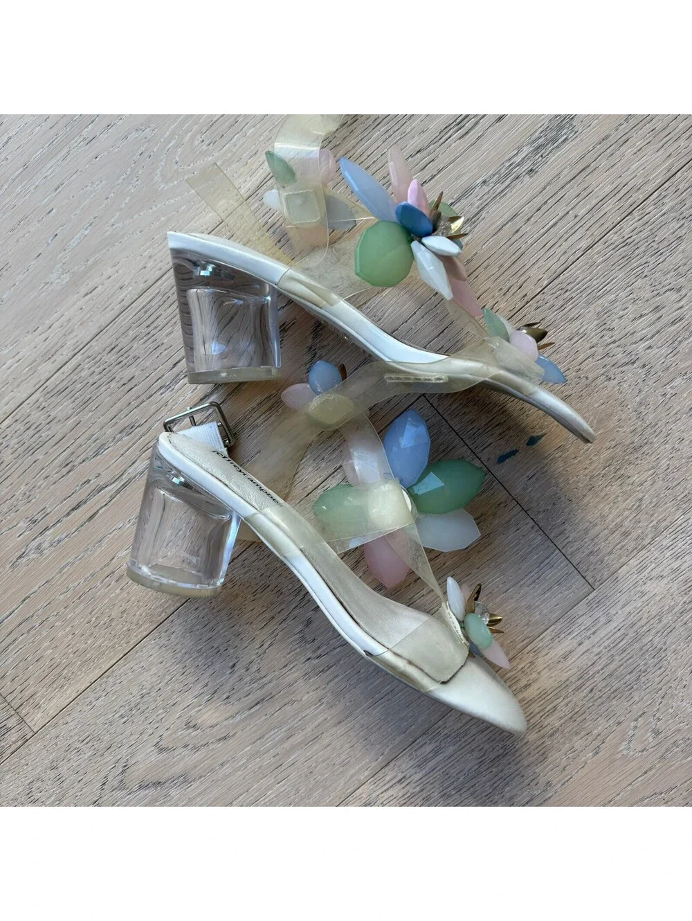 Jeffrey Campbell Clear Block Heel Sandals Multicolor Floral 8.5 Flawed
